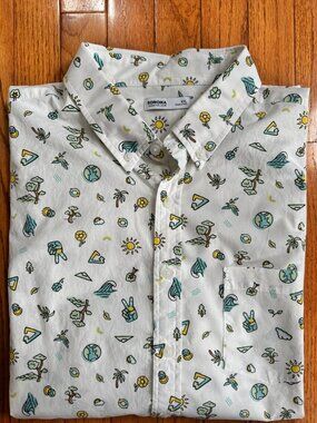 XXL Nature Icon Print Button Down–Short Sleeve Pattern Shirt–White Green Yellow